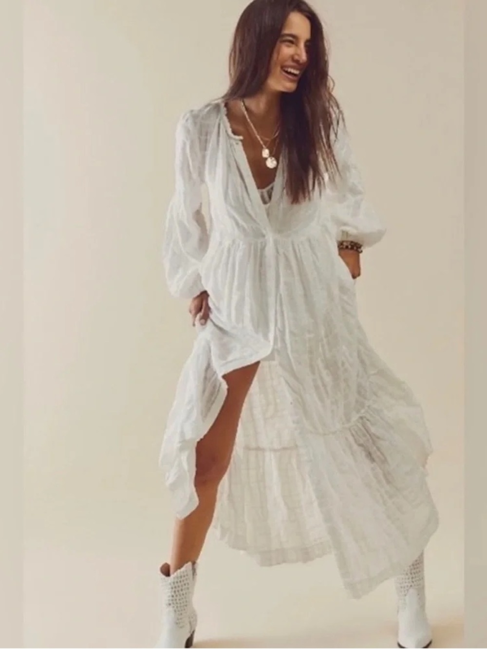 Free People Ivory Gauze Peasant Dress
